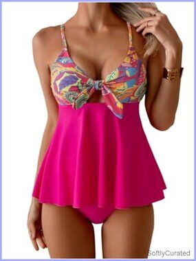 Two Piece Tankini Swimsuit Tummy Control Cutout Bathing Suit Tie Knot Flowy